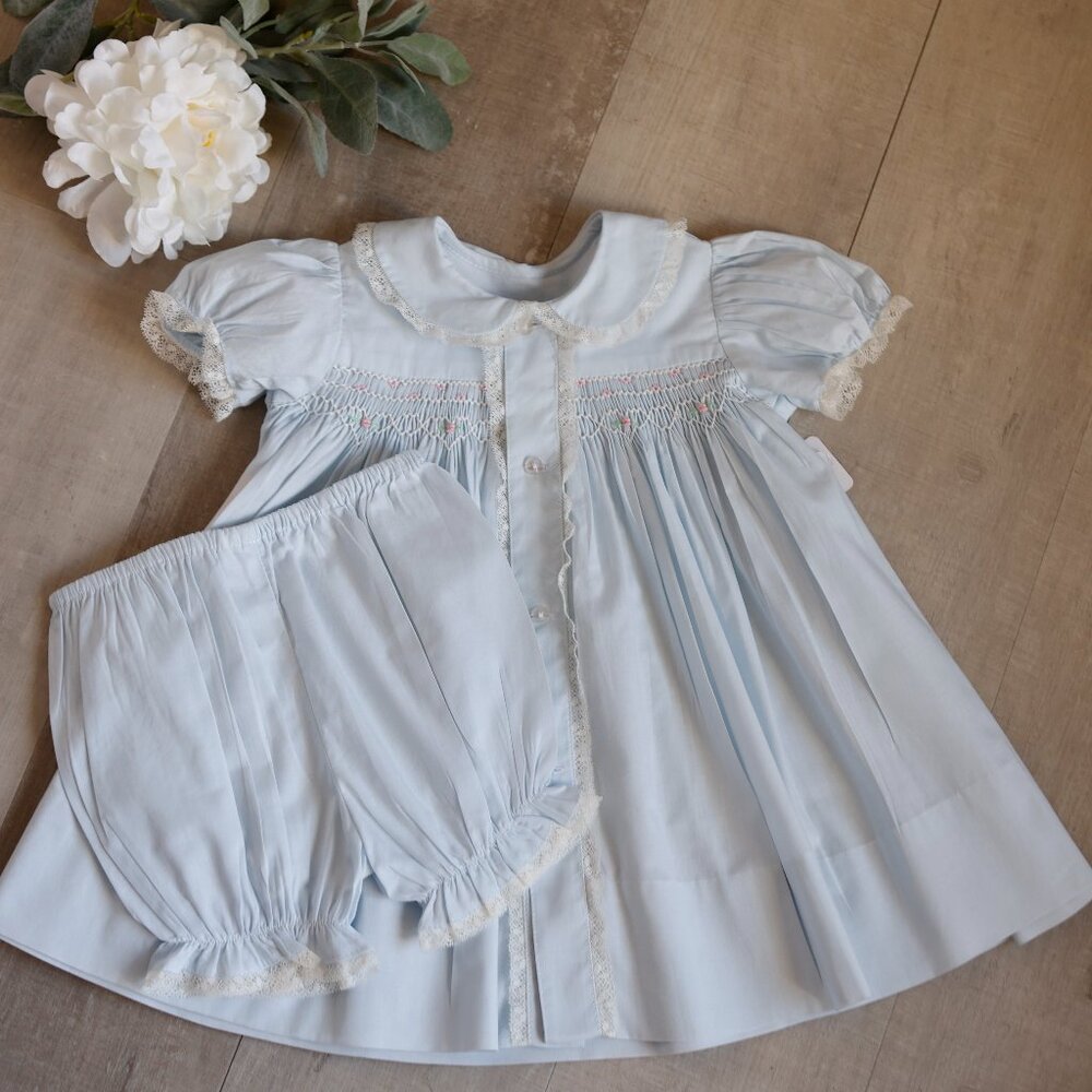 Smocked Heirloom Dress & Bloomer Set Blue Cotton & Lace Boutique 12 Months NWT